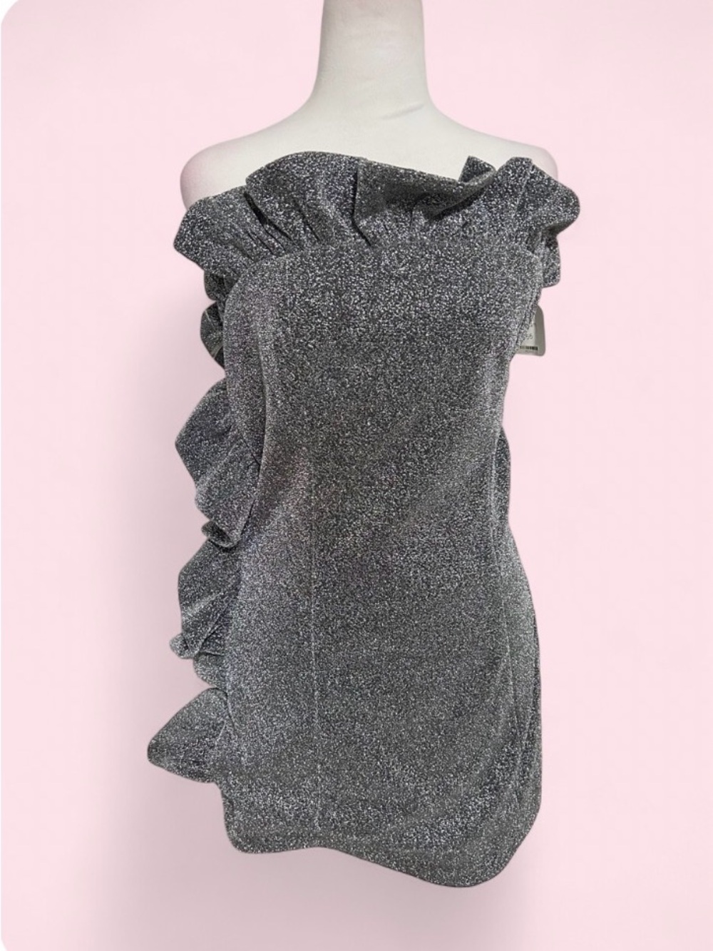 NWT Homecoming Glam Silver Sparkle Strapless Ruffle Mini Cocktail Dress - M